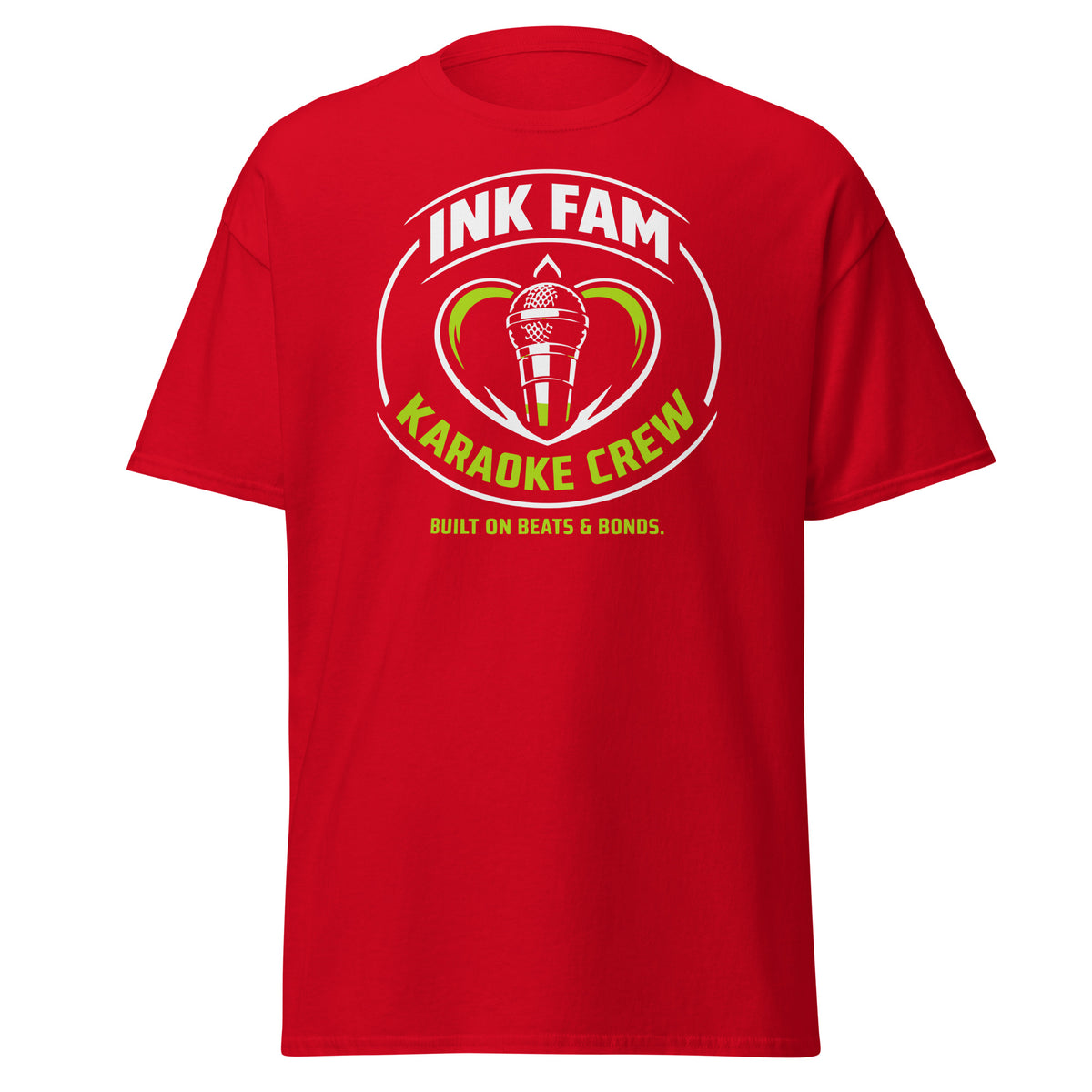 Red classic T-shirt, front view, featuring DJ Ink Fam green-and-white circular microphone badge.
