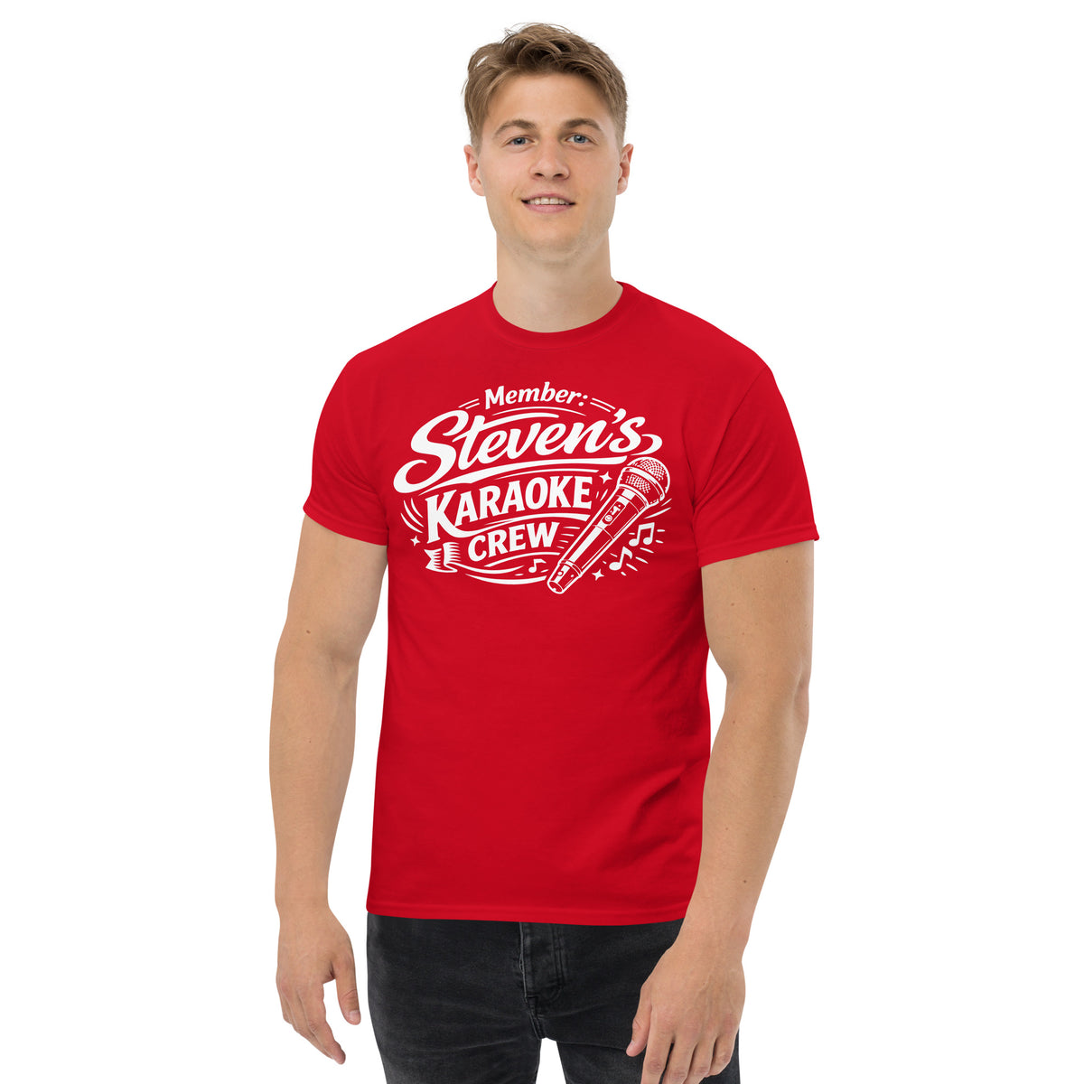 Red classic T-shirt, front view, featuring Steven's Karaoke Crew lettering and microphone graphic.