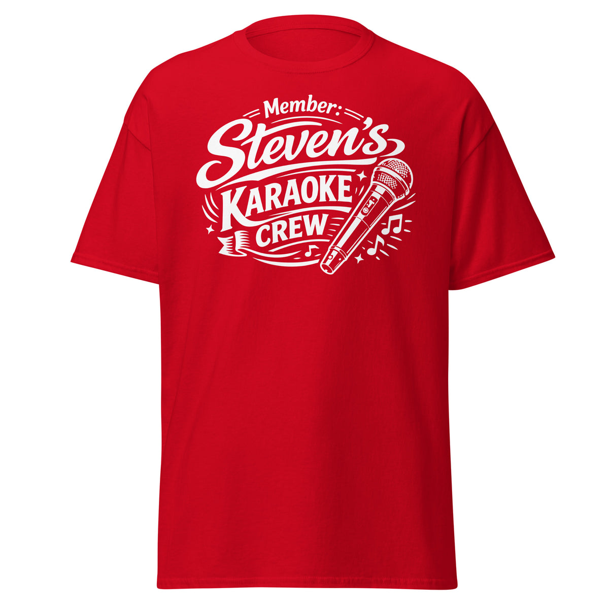 Red classic T-shirt, front view, featuring Steven's Karaoke Crew lettering and microphone graphic.