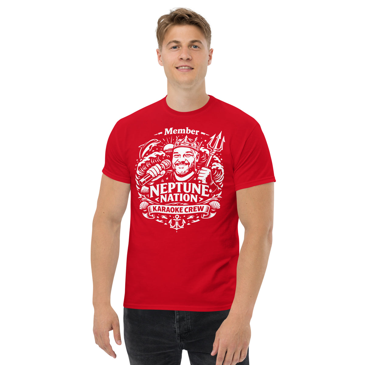 Red classic T-shirt, front view, featuring KJ Neptune's Neptune Nation nautical microphone and trident badge.