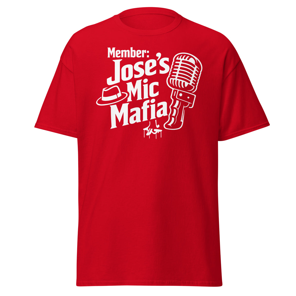 Red classic T-shirt, front view, featuring Jose's Mic Mafia microphone and fedora design.