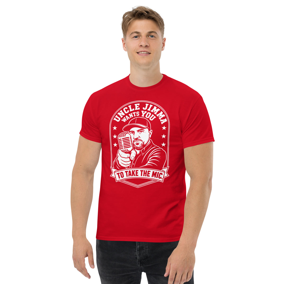 Red classic T-shirt, front view, featuring Uncle Jimma Wants You to Take the Mic pointing portrait and microphone.