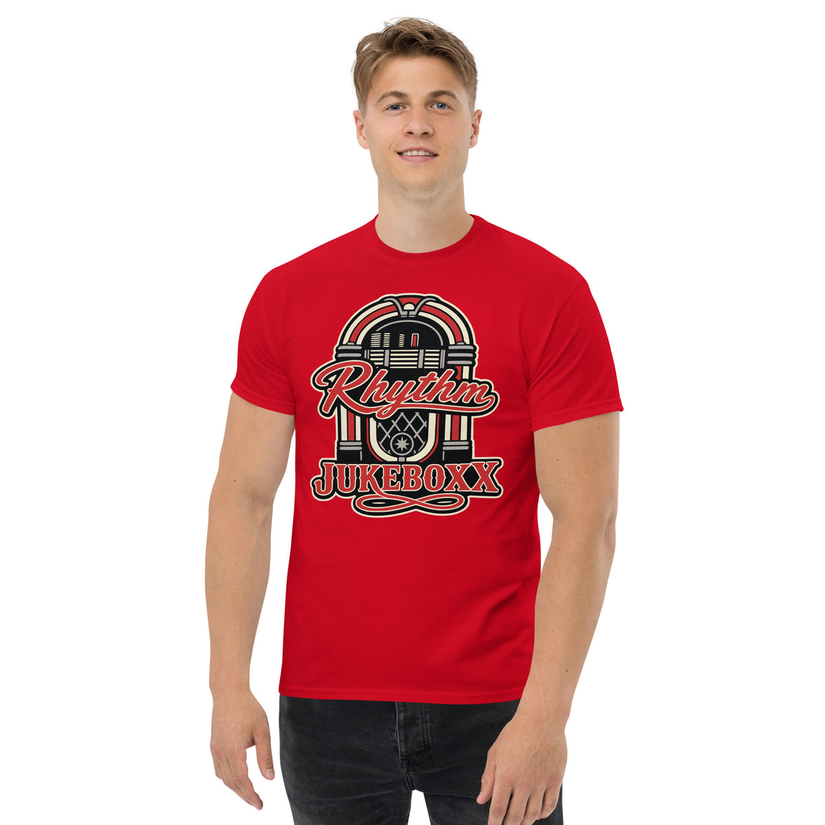 Red classic T-shirt, front view, featuring Rhythm Jukeboxx red-and-cream retro jukebox graphic.