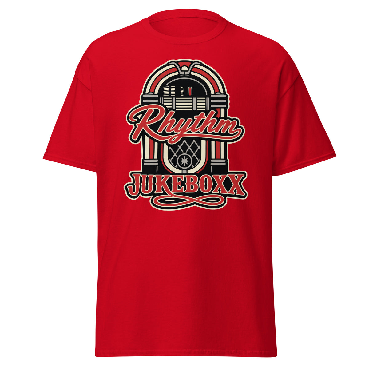 Red classic T-shirt, front view, featuring Rhythm Jukeboxx red-and-cream retro jukebox graphic.