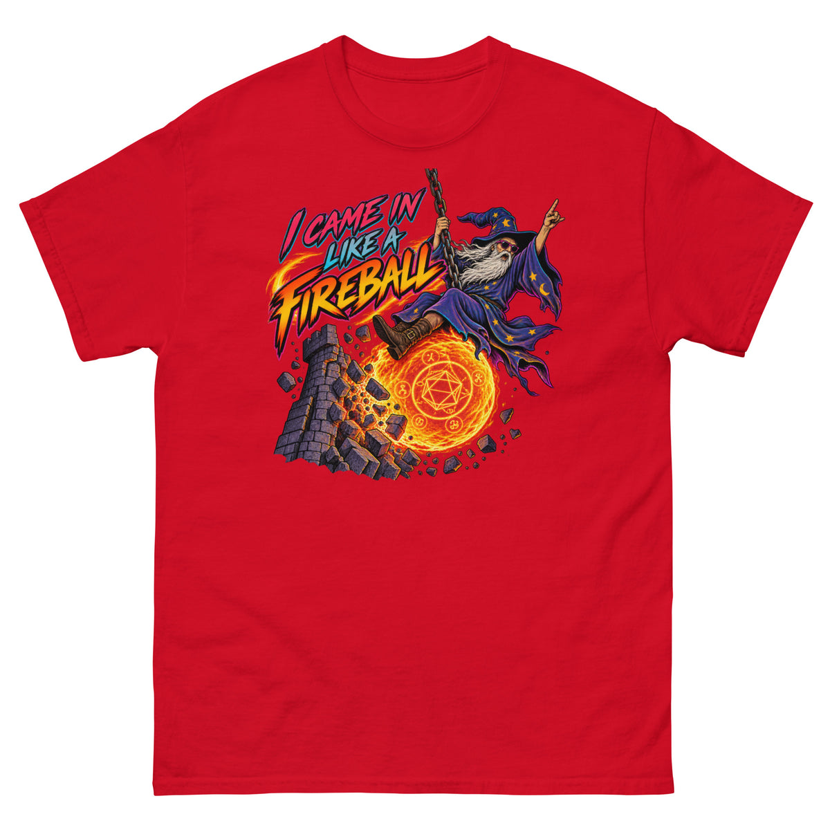 Red classic T-shirt, front view, featuring the I Came In Like a Fireball wizard design