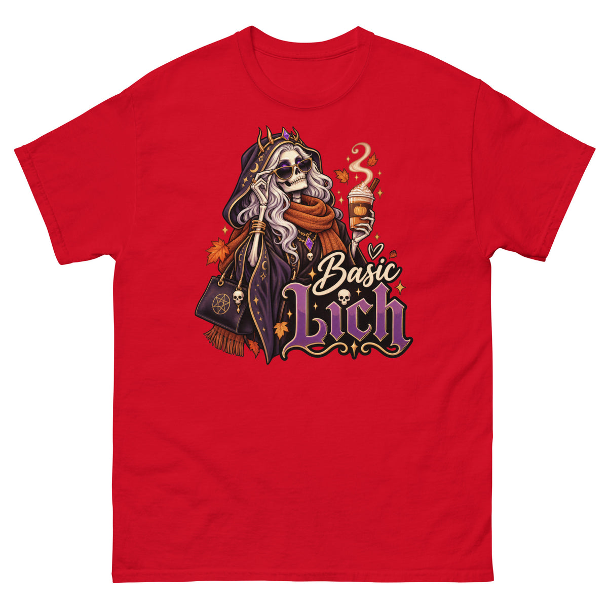 Red classic T-shirt, front view, featuring the Basic Lich pumpkin spice skeleton design