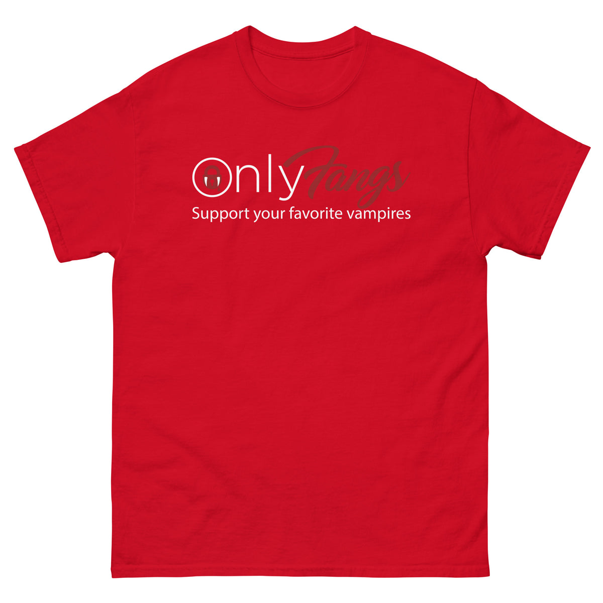 Red classic T-shirt, front view, featuring the OnlyFangs vampire design