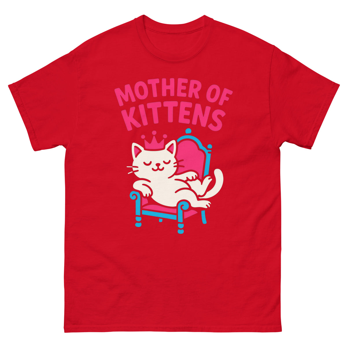 Red classic T-shirt, front view, featuring the Mother of Kittens Queen Cat design