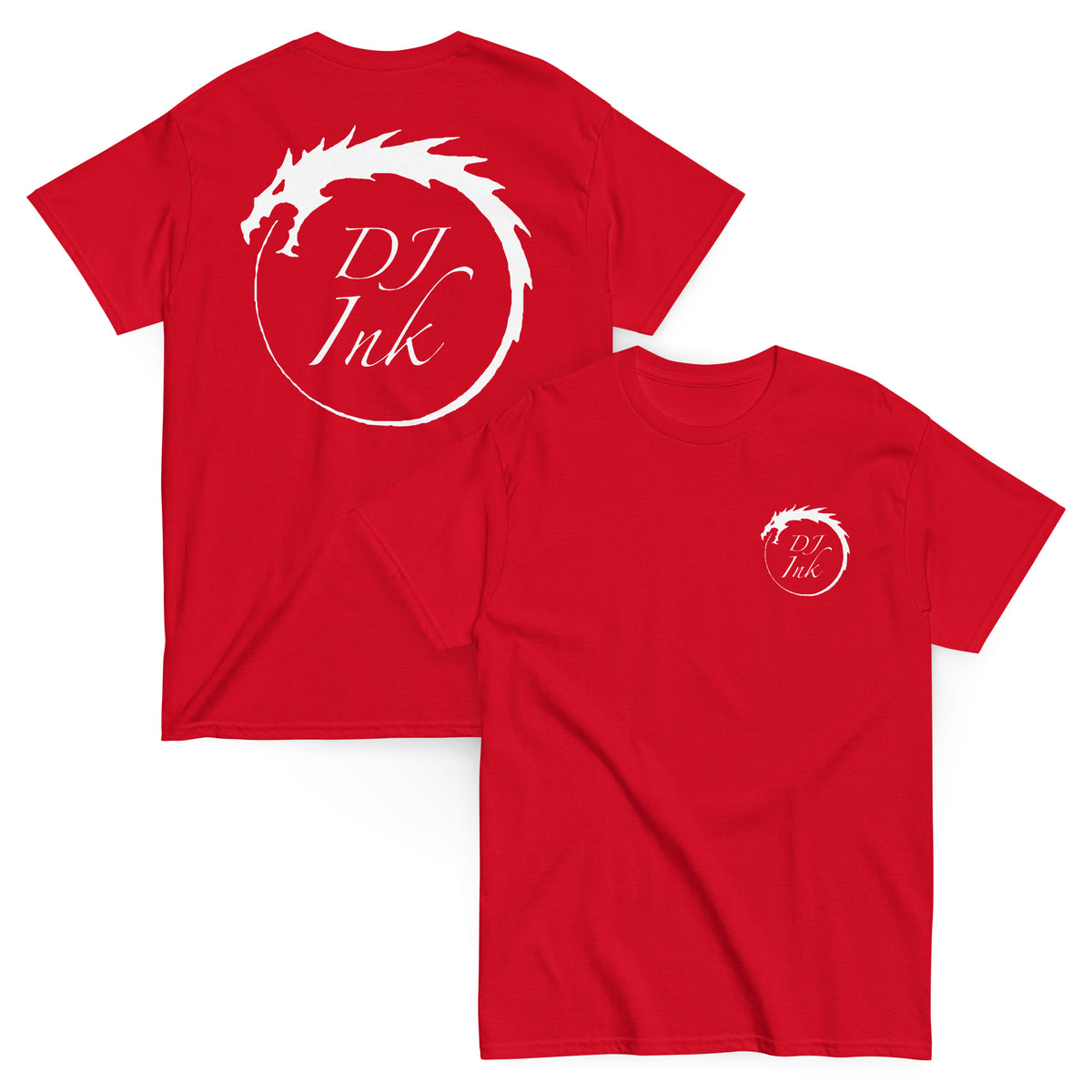 Red classic T-shirt, front and back views, featuring DJ Ink white Ouroboros dragon-circle logo.