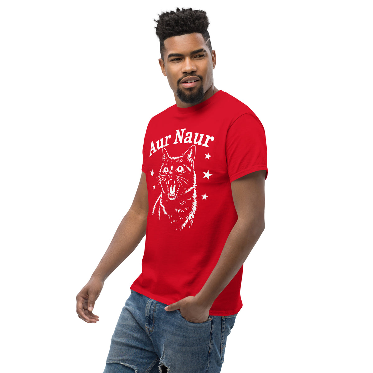 Red classic T-shirt, left-front angled view, featuring Aur Naur white cat portrait and music-themed lettering.