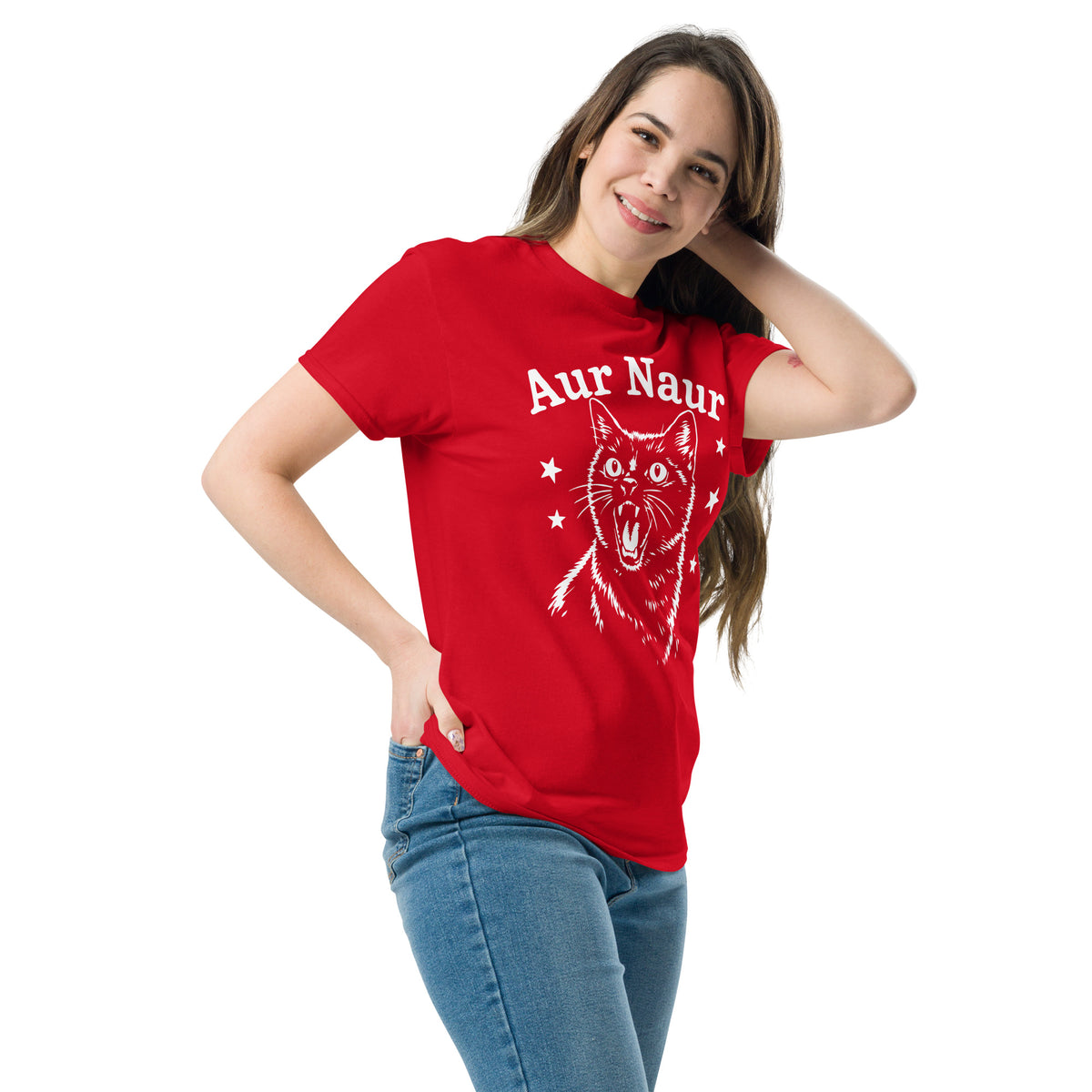 Red classic T-shirt, left-front angled view, featuring Aur Naur white cat portrait and music-themed lettering.