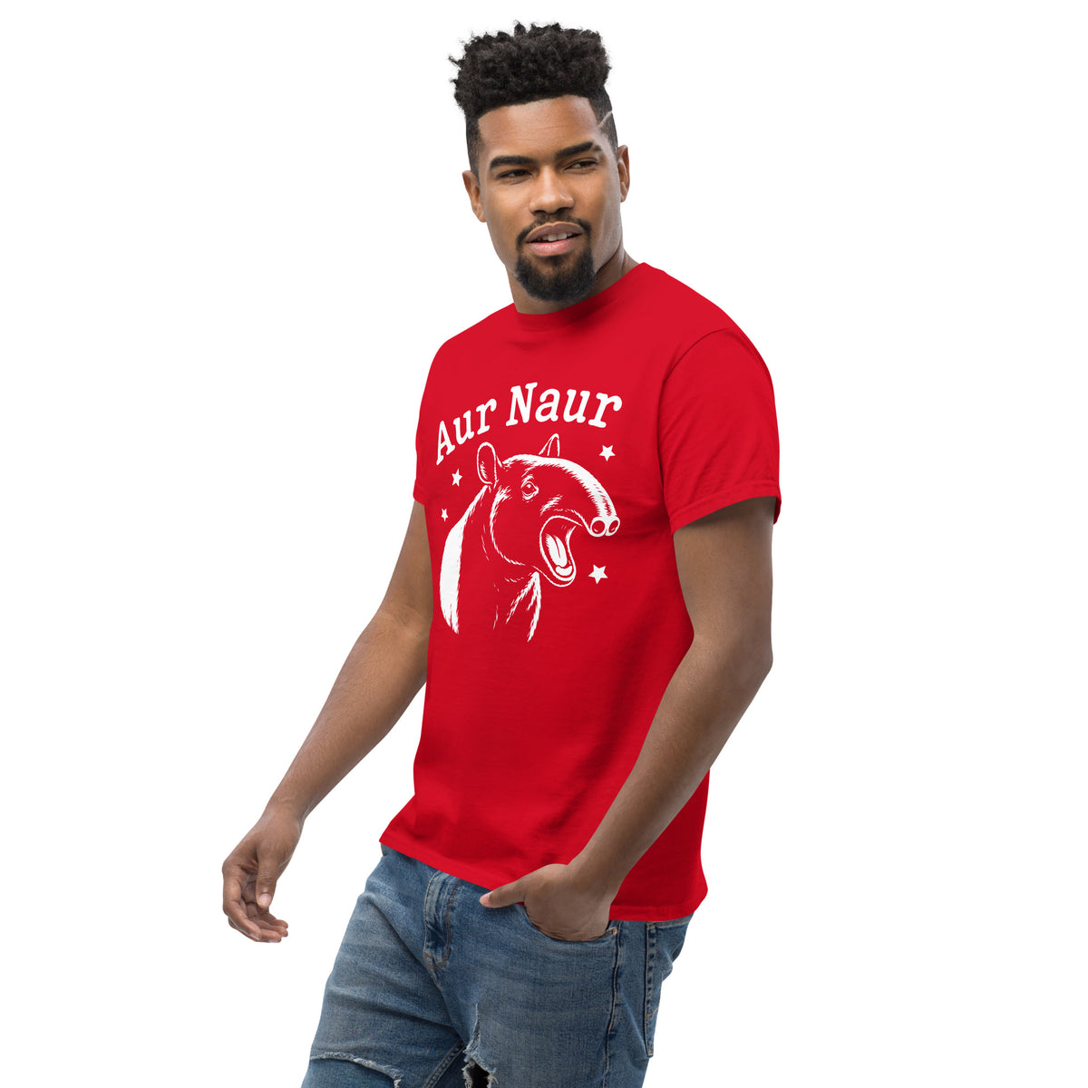 Red classic T-shirt, left-front angled view, featuring Aur Naur white tapir portrait, stars and lettering.