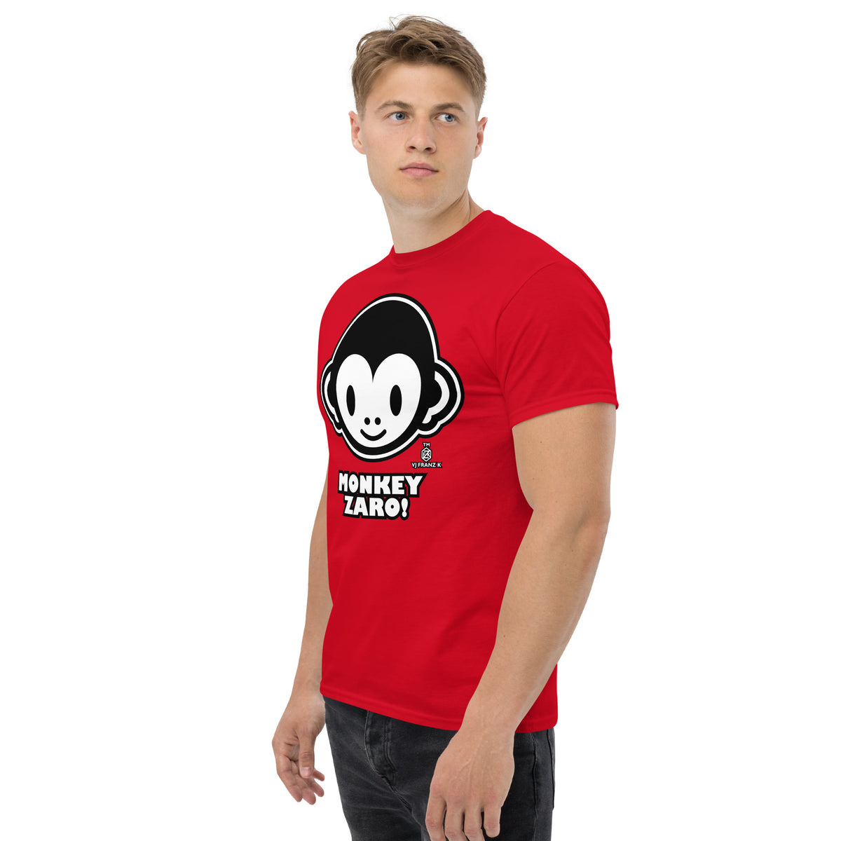 Red classic T-shirt, left-front angled view, featuring Monkey Zaro! white cartoon monkey face and lettering.