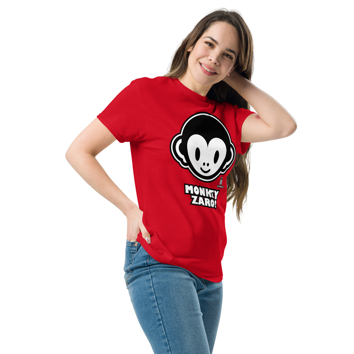 Red classic T-shirt, left-front angled view, featuring Monkey Zaro! white cartoon monkey face and lettering.