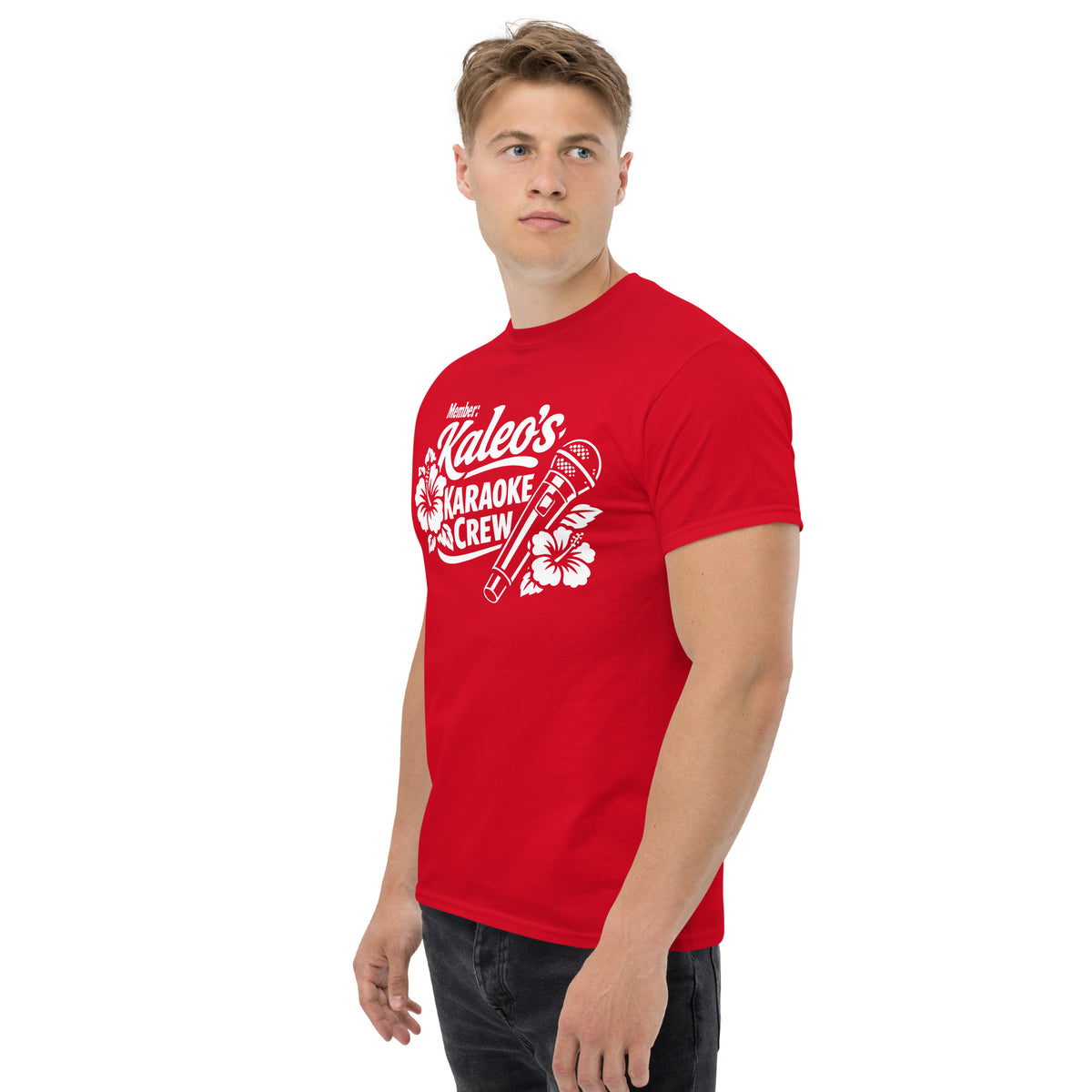 Red classic T-shirt, left-front angled view, featuring Kaleo's Karaoke Crew lettering, microphone, and hibiscus flowers.