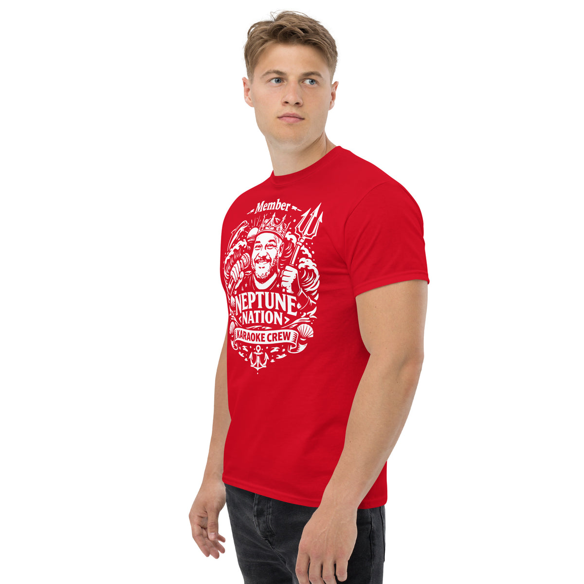 Red classic T-shirt, left-front angled view, featuring KJ Neptune's Neptune Nation nautical microphone and trident badge.