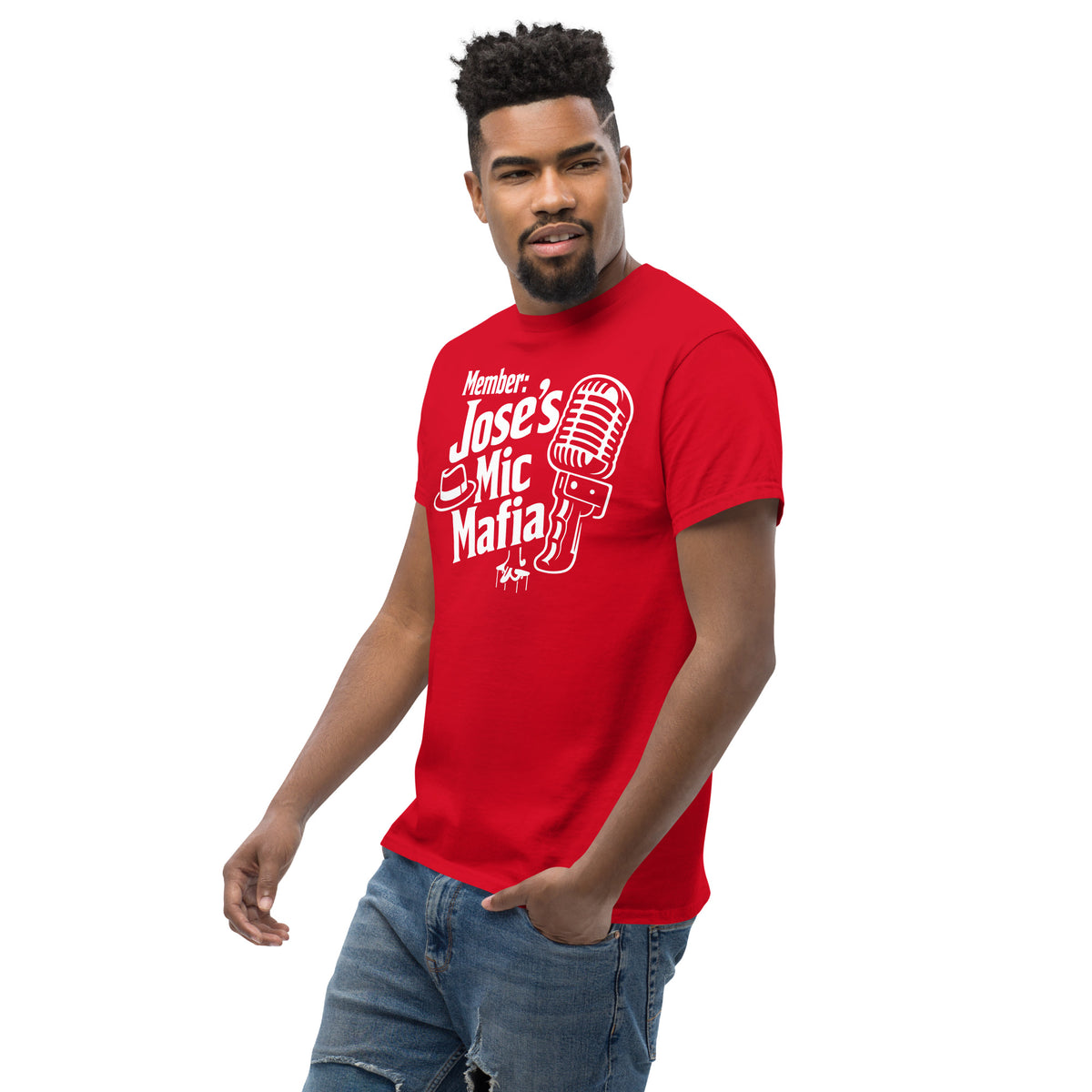 Red classic T-shirt, left-front angled view, featuring Jose's Mic Mafia microphone and fedora design.
