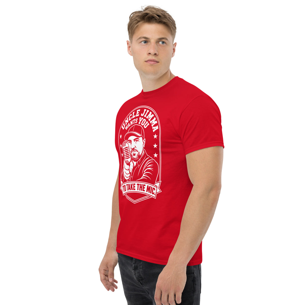 Red classic T-shirt, left-front angled view, featuring Uncle Jimma Wants You to Take the Mic pointing portrait and microphone.