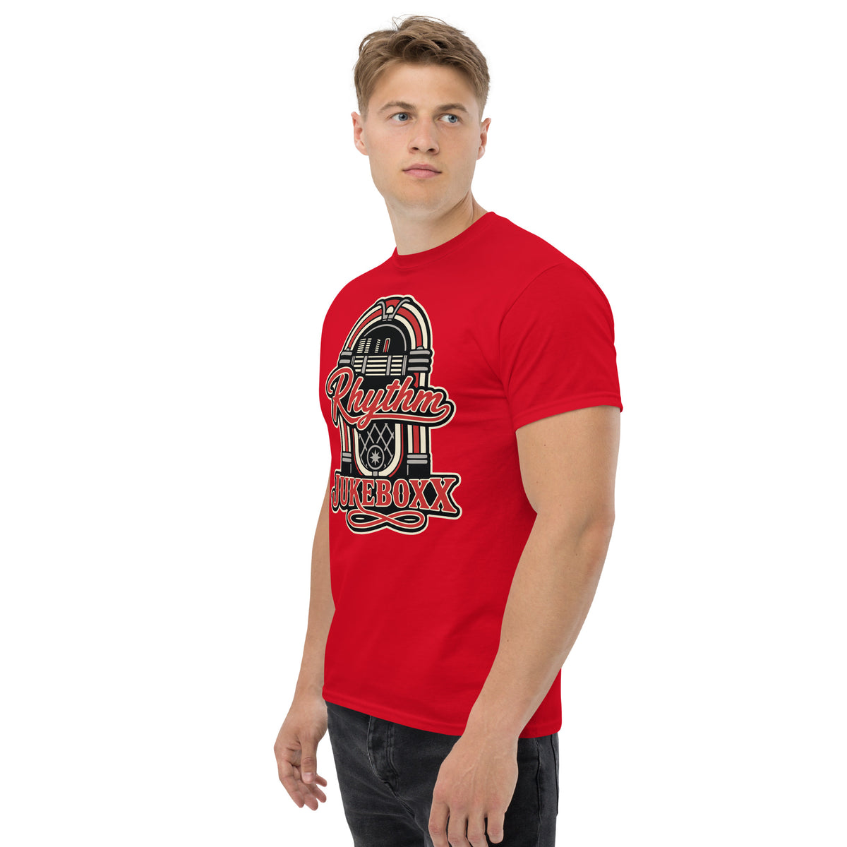 Red classic T-shirt, left-front angled view, featuring Rhythm Jukeboxx red-and-cream retro jukebox graphic.