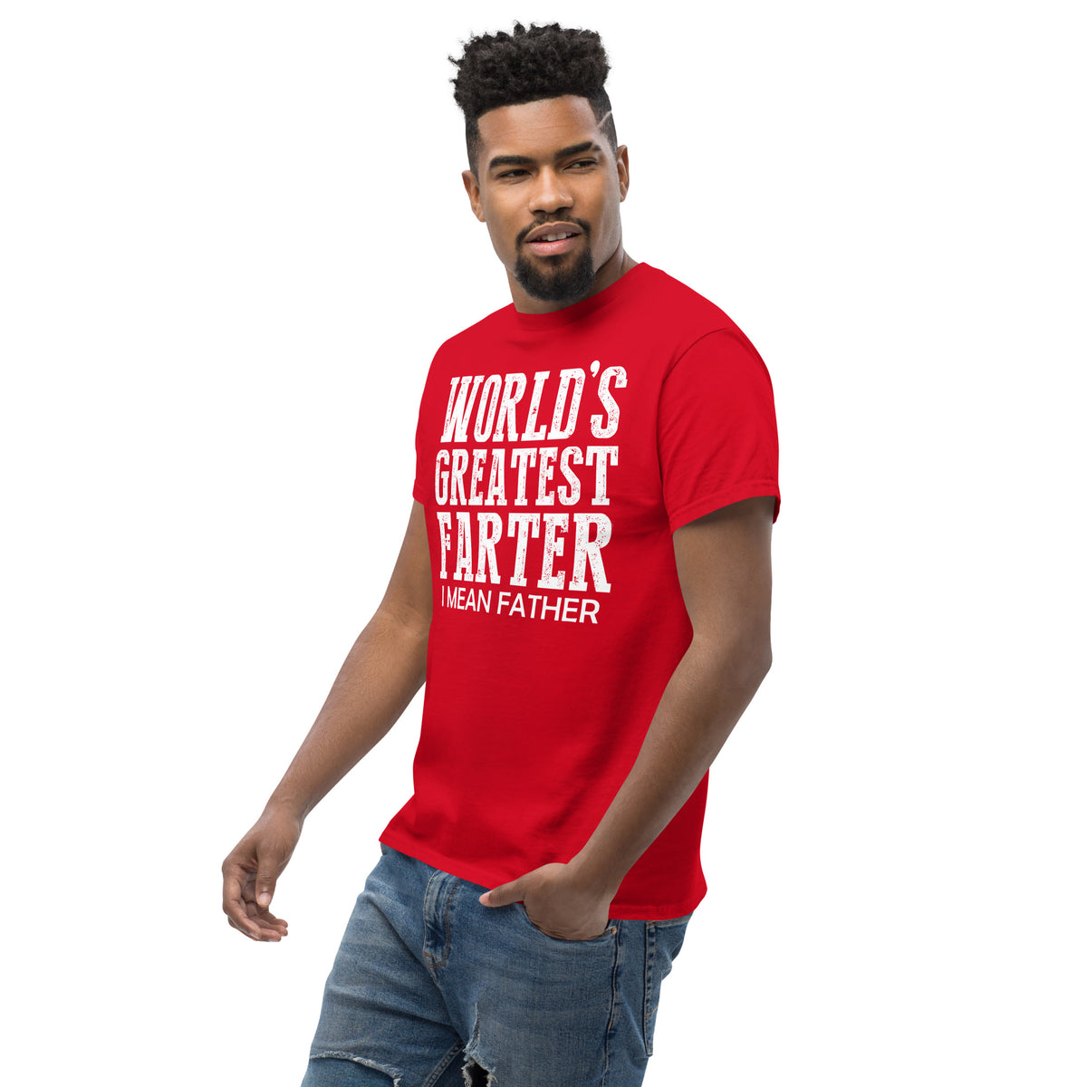 Red classic T-shirt, left-front angled view, featuring white World's Greatest Farter, I Mean Father lettering.