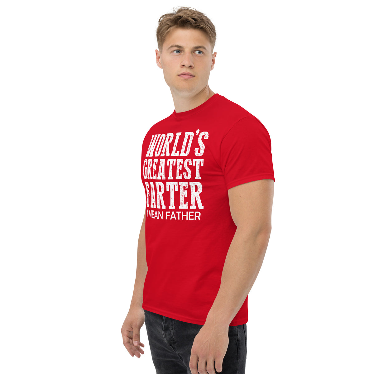 Red classic T-shirt, left-front angled view, featuring white World's Greatest Farter, I Mean Father lettering.