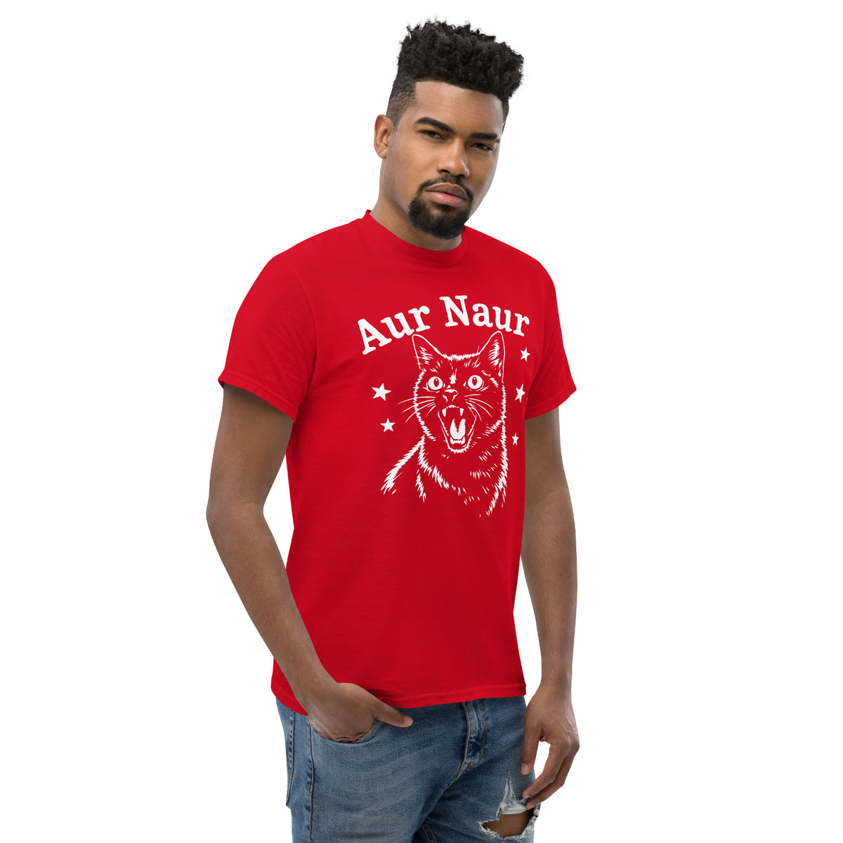 Red classic T-shirt, right-front angled view, featuring Aur Naur white cat portrait and music-themed lettering.