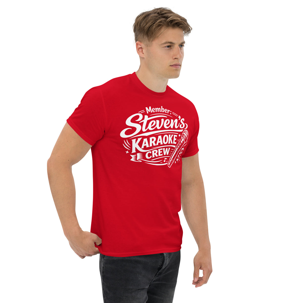 Red classic T-shirt, right-front angled view, featuring Steven's Karaoke Crew lettering and microphone graphic.