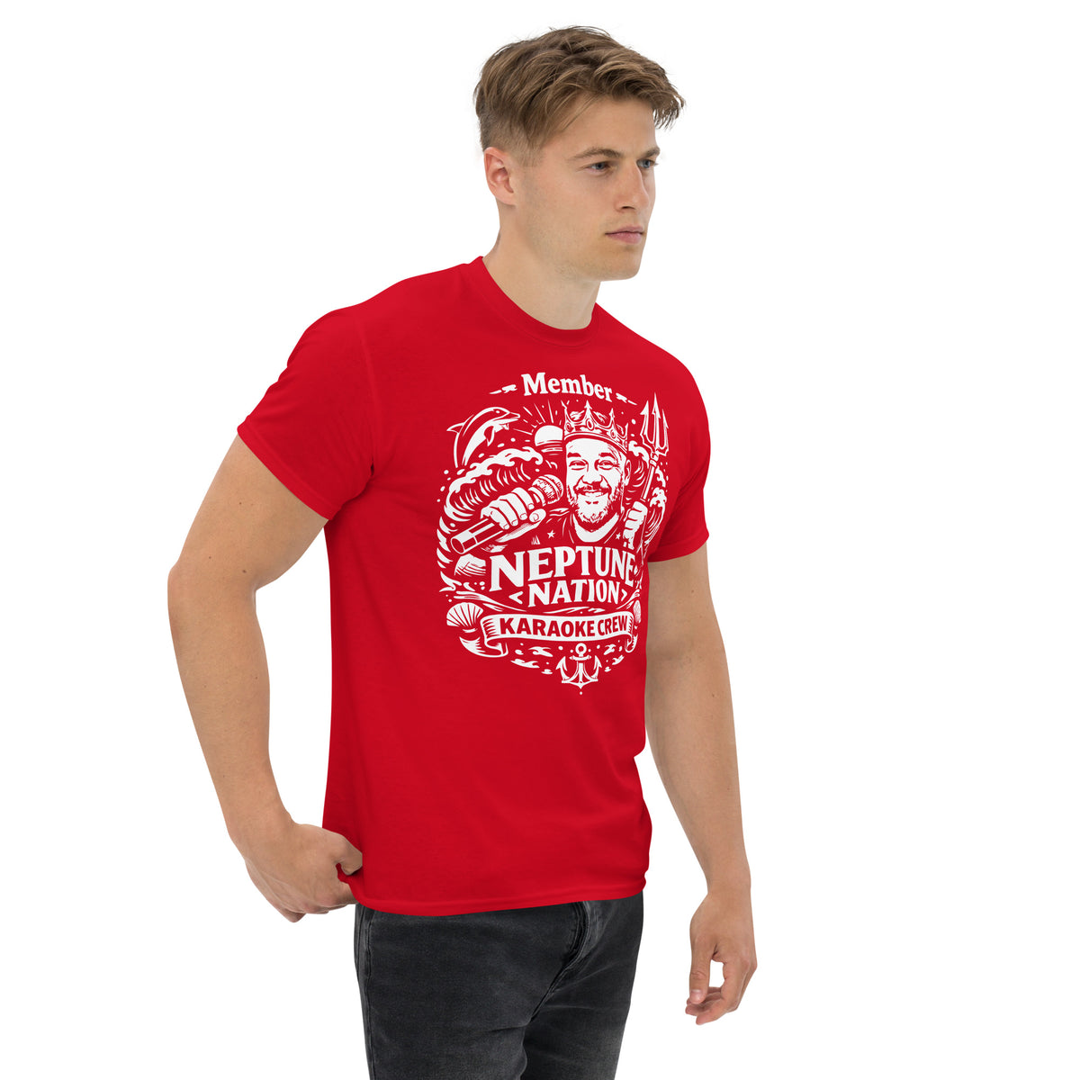 Red classic T-shirt, right-front angled view, featuring KJ Neptune's Neptune Nation nautical microphone and trident badge.