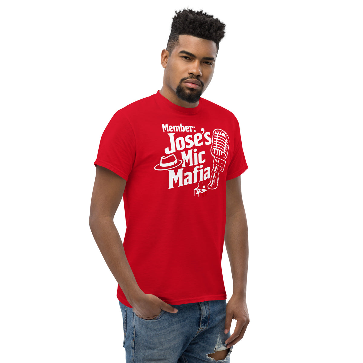 Red classic T-shirt, right-front angled view, featuring Jose's Mic Mafia microphone and fedora design.