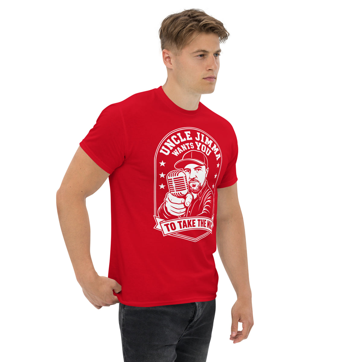 Red classic T-shirt, right-front angled view, featuring Uncle Jimma Wants You to Take the Mic pointing portrait and microphone.
