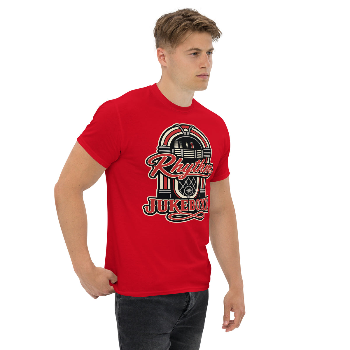 Red classic T-shirt, right-front angled view, featuring Rhythm Jukeboxx red-and-cream retro jukebox graphic.
