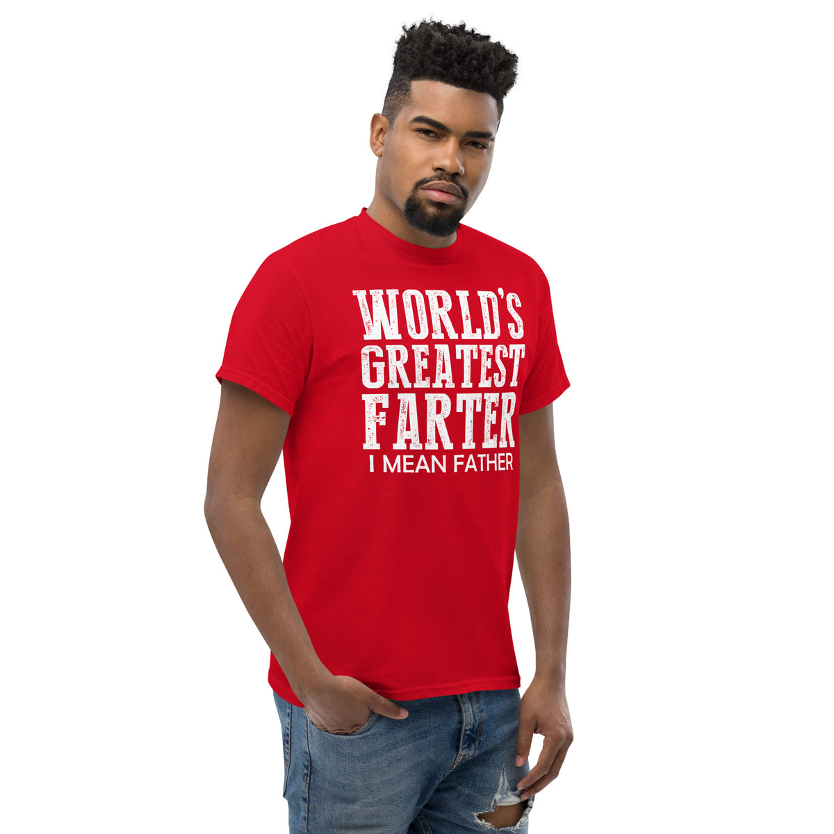 Red classic T-shirt, right-front angled view, featuring white World's Greatest Farter, I Mean Father lettering.