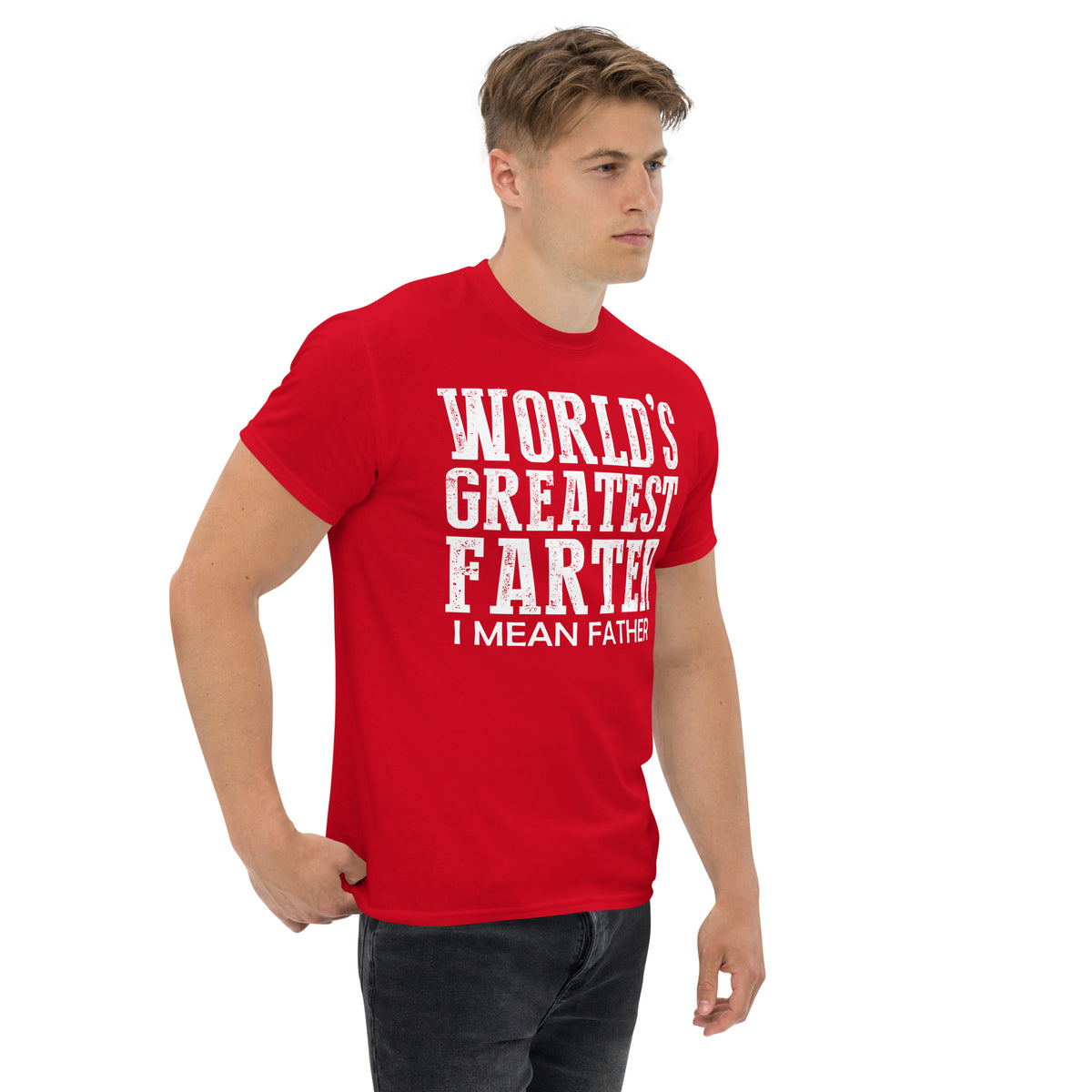 Red classic T-shirt, right-front angled view, featuring white World's Greatest Farter, I Mean Father lettering.