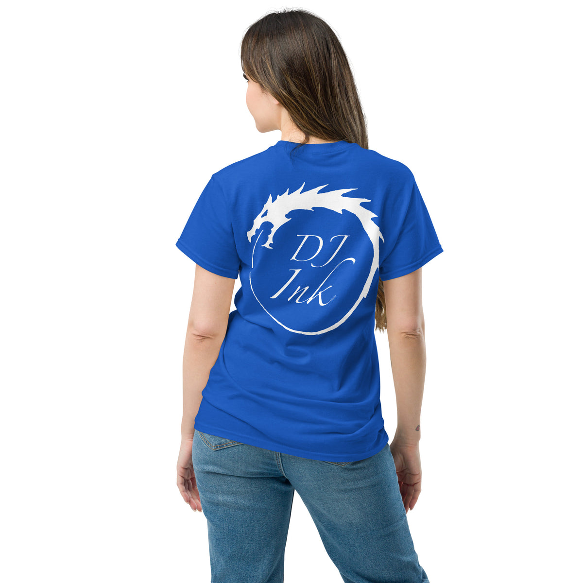 Royal classic T-shirt, back view, for the DJ Ink white Ouroboros dragon-circle logo.