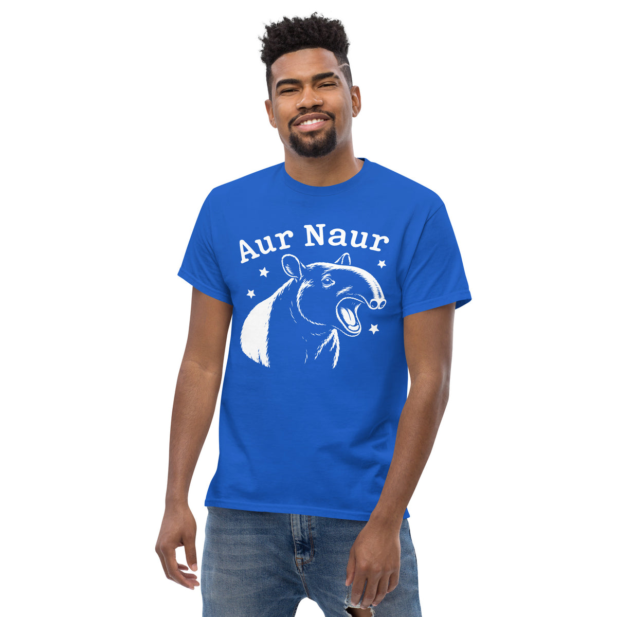 Royal classic T-shirt, alternate front view, featuring Aur Naur white tapir portrait, stars and lettering.
