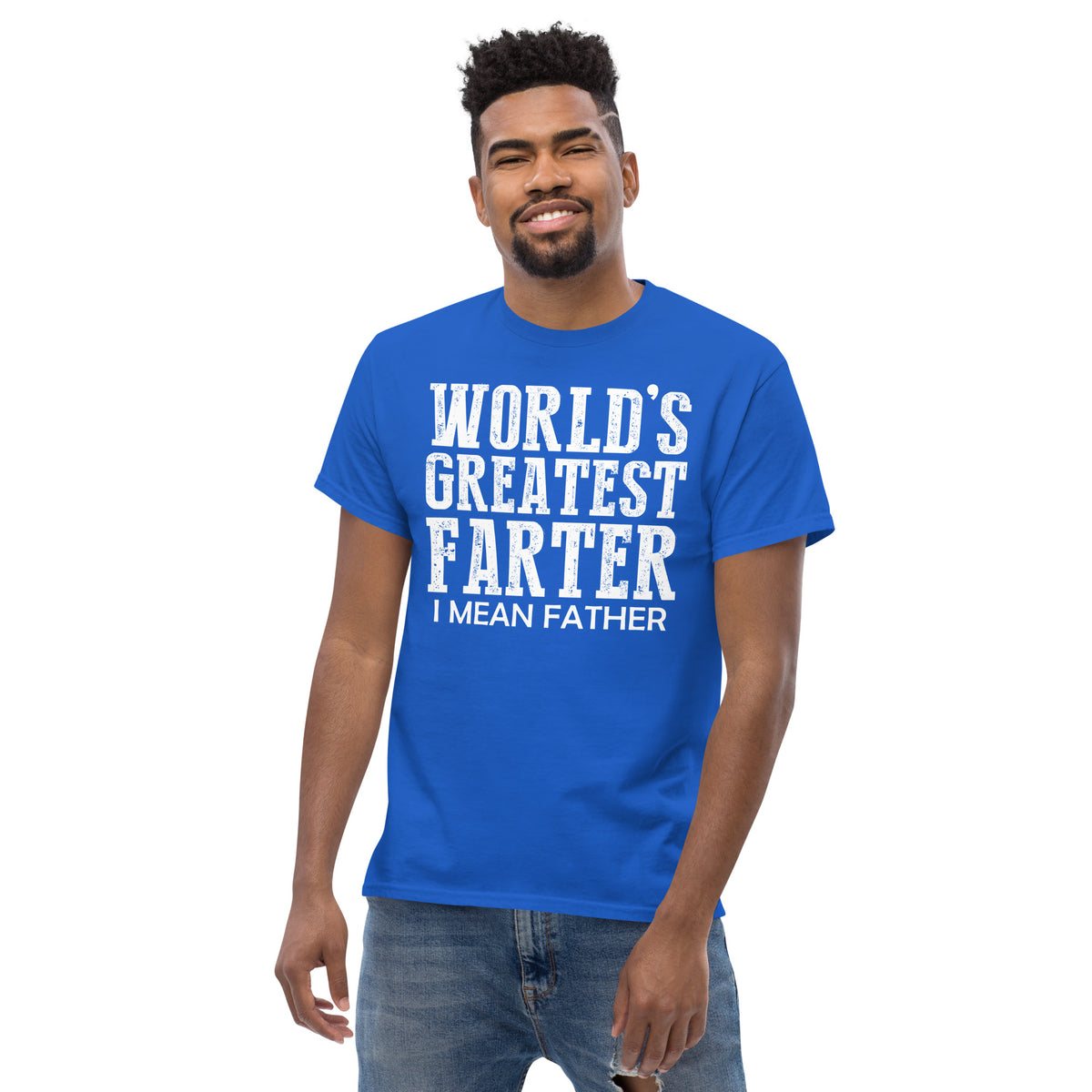 Royal classic T-shirt, alternate front mockup, featuring white World's Greatest Farter, I Mean Father lettering.
