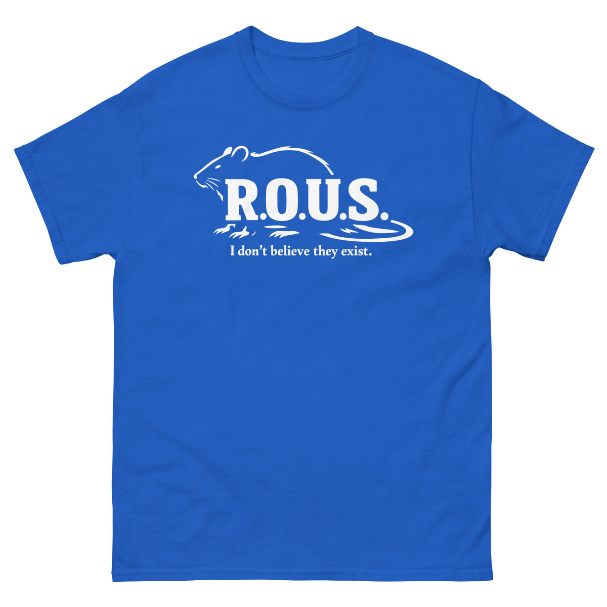 Royal classic T-shirt, front view, featuring the R.O.U.S. Field Report Graphic T-Shirt design