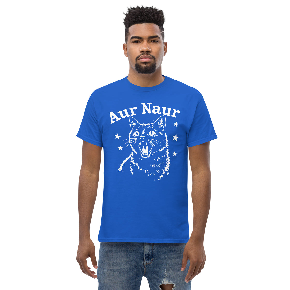 Royal classic T-shirt, front view, featuring Aur Naur white cat portrait and music-themed lettering.