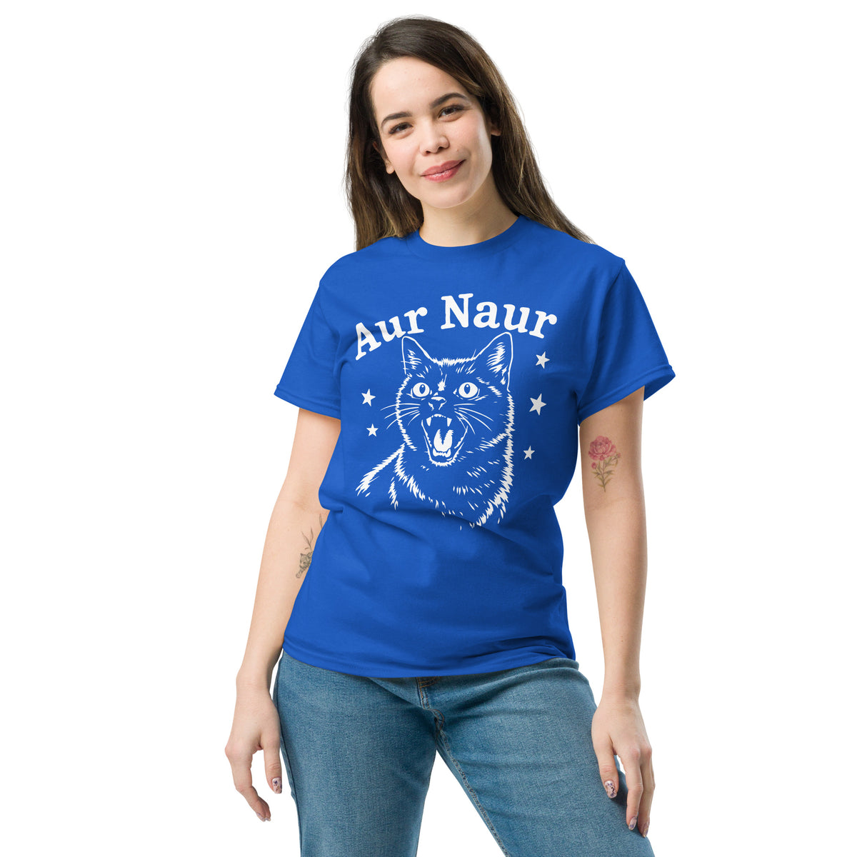 Royal classic T-shirt, front view, featuring Aur Naur white cat portrait and music-themed lettering.