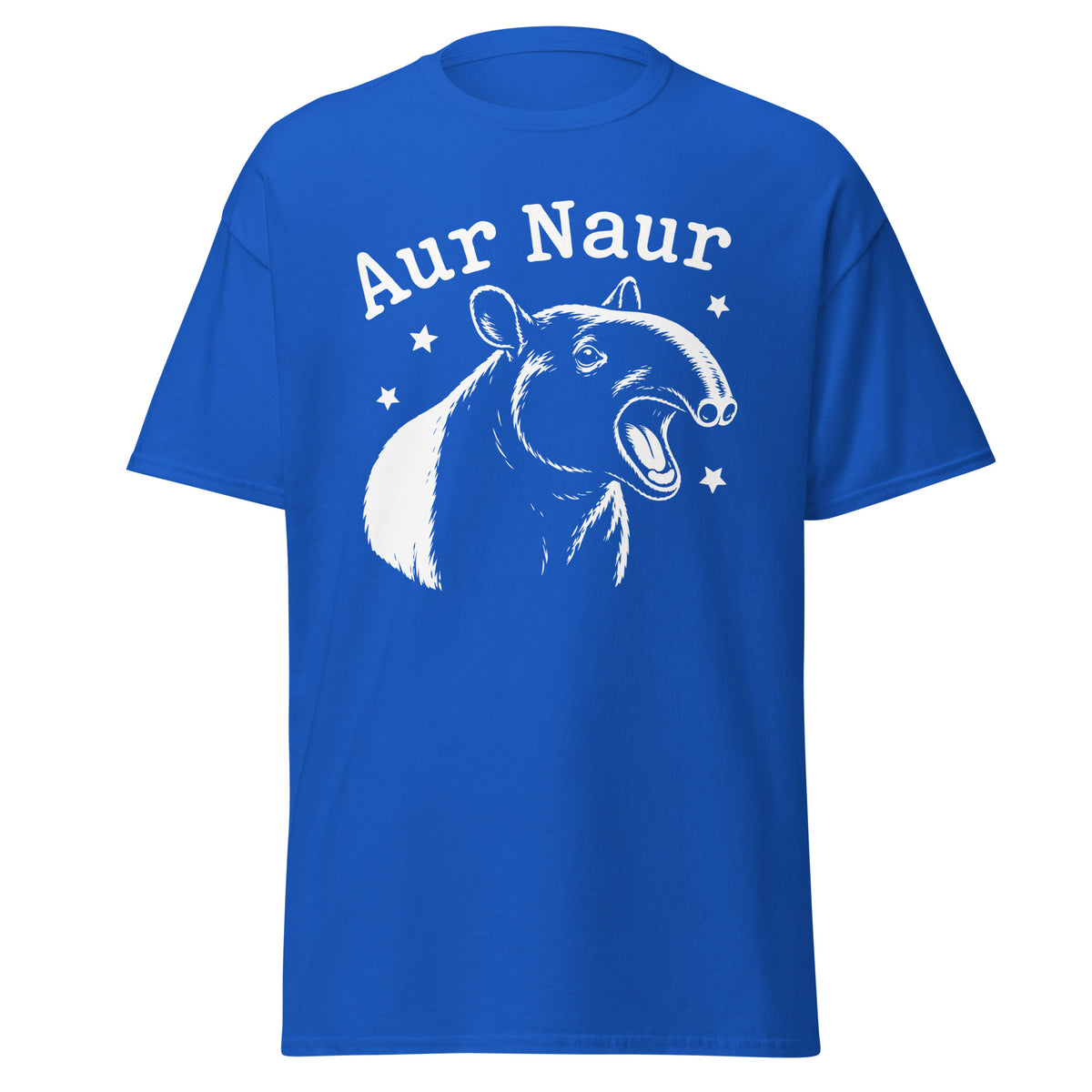 Royal classic T-shirt, front view, featuring Aur Naur white tapir portrait, stars and lettering.