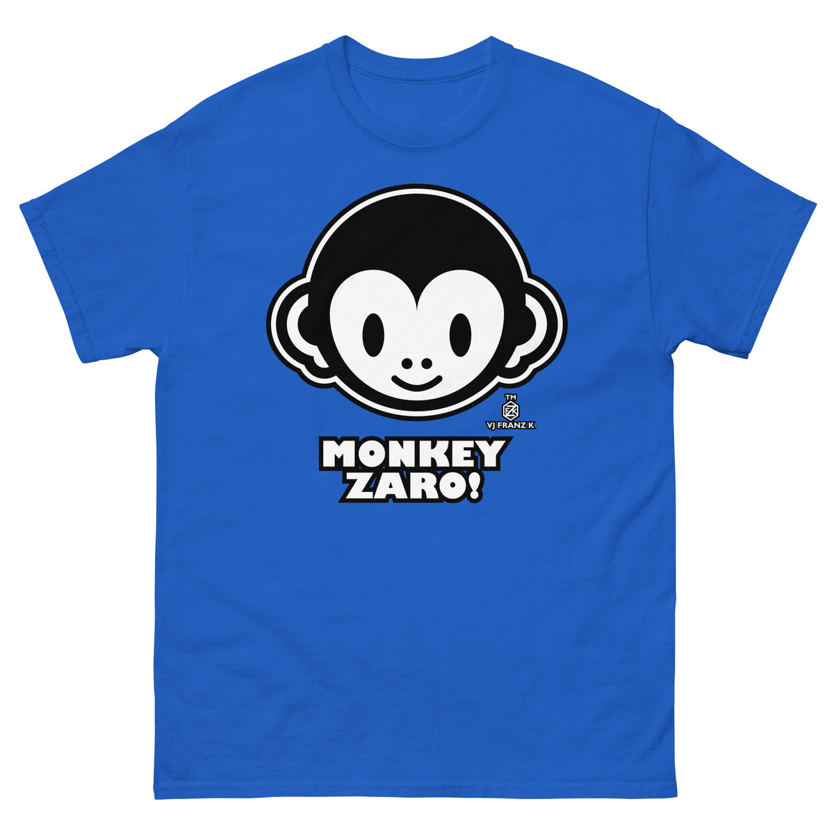 Royal classic T-shirt, front view, featuring Monkey Zaro! white cartoon monkey face and lettering.