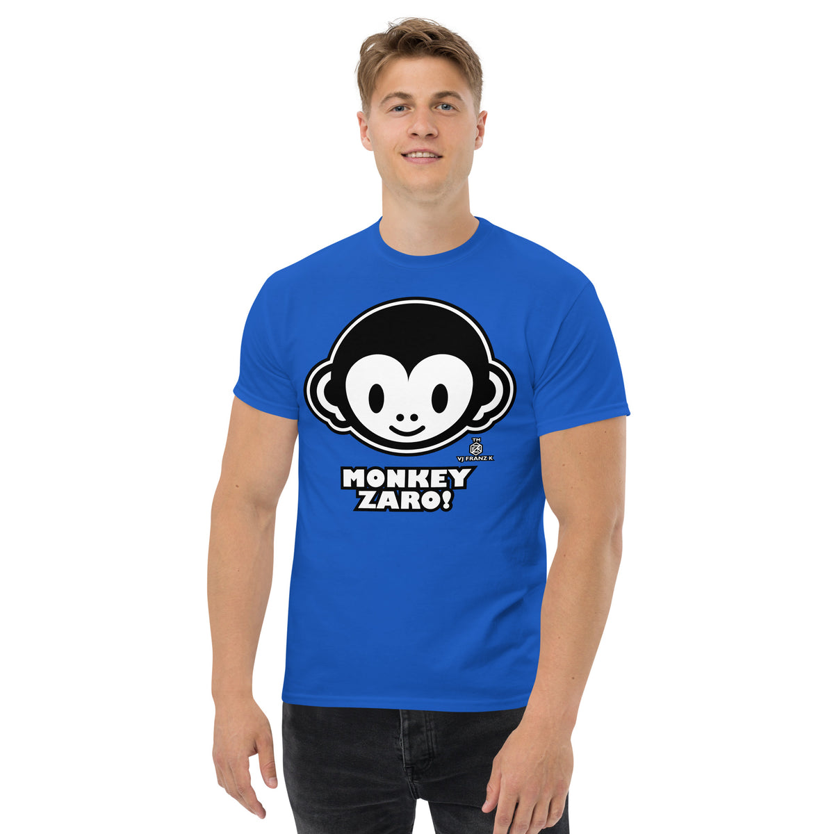 Royal classic T-shirt, front view, featuring Monkey Zaro! white cartoon monkey face and lettering.