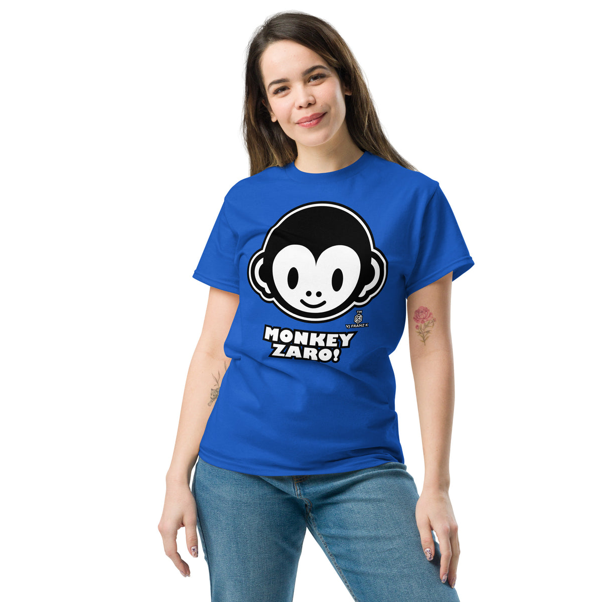 Royal classic T-shirt, front view, featuring Monkey Zaro! white cartoon monkey face and lettering.