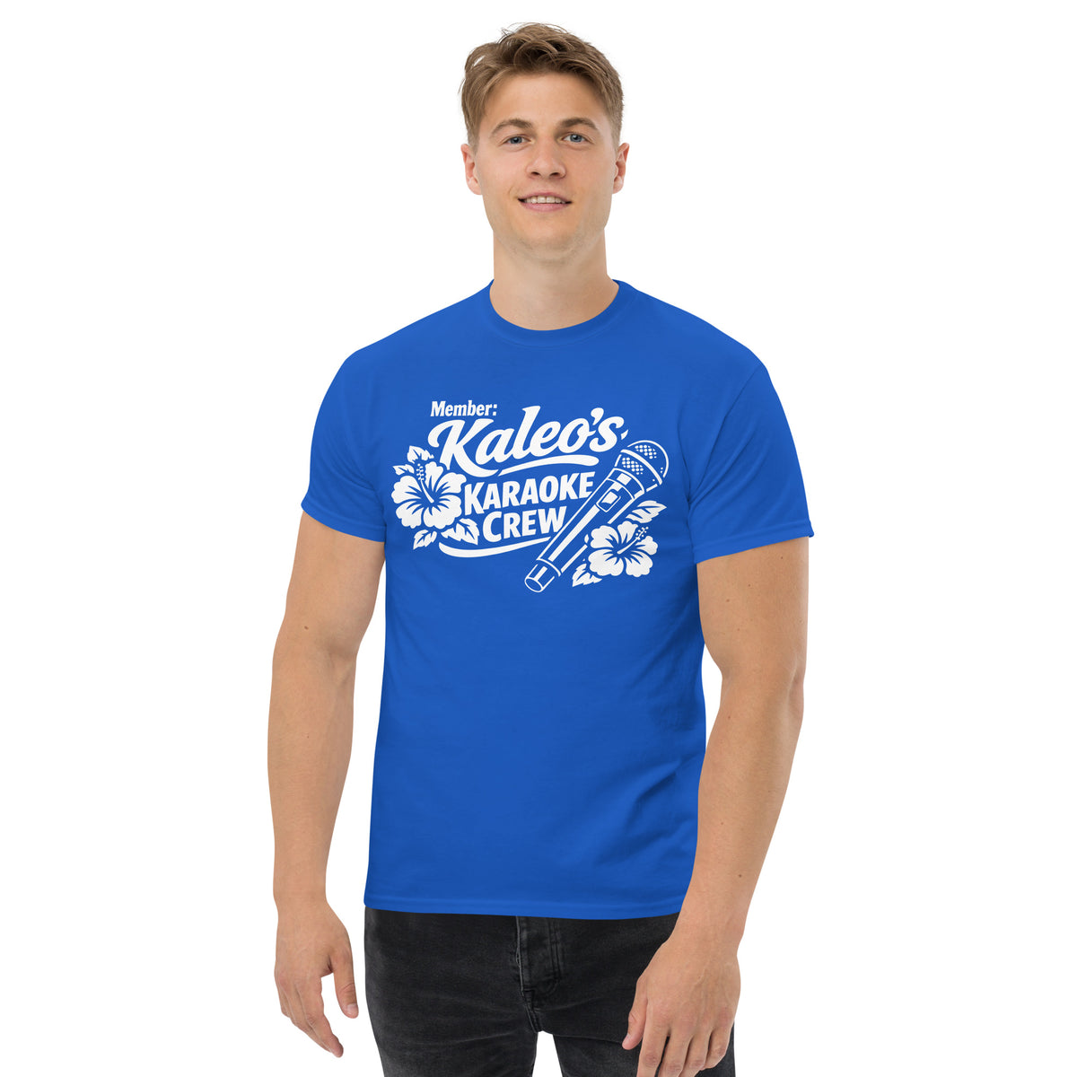 Royal classic T-shirt, front view, featuring Kaleo's Karaoke Crew lettering, microphone, and hibiscus flowers.