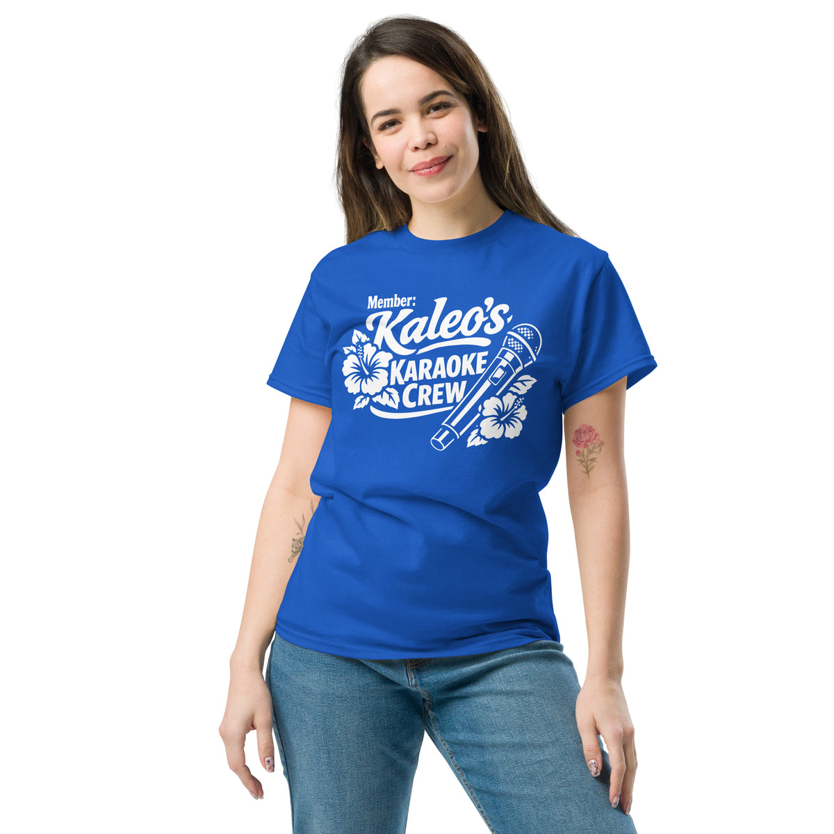 Royal classic T-shirt, front view, featuring Kaleo's Karaoke Crew lettering, microphone, and hibiscus flowers.