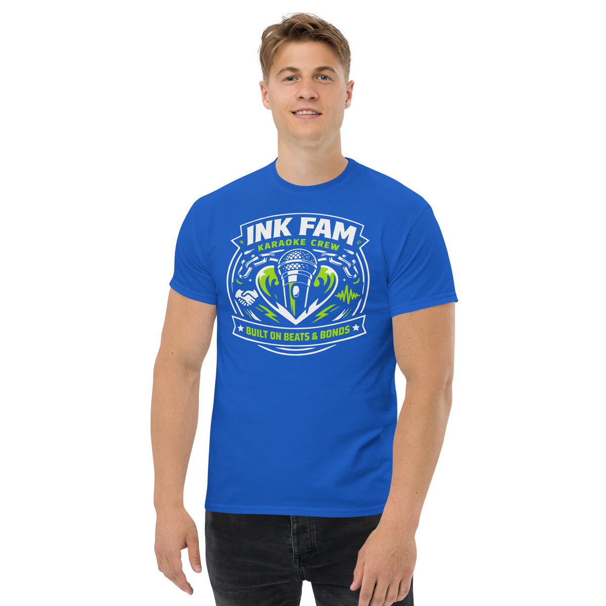 Royal classic T-shirt, front view, featuring DJ Ink Beats & Bonds shield with a microphone and green-and-white lettering.