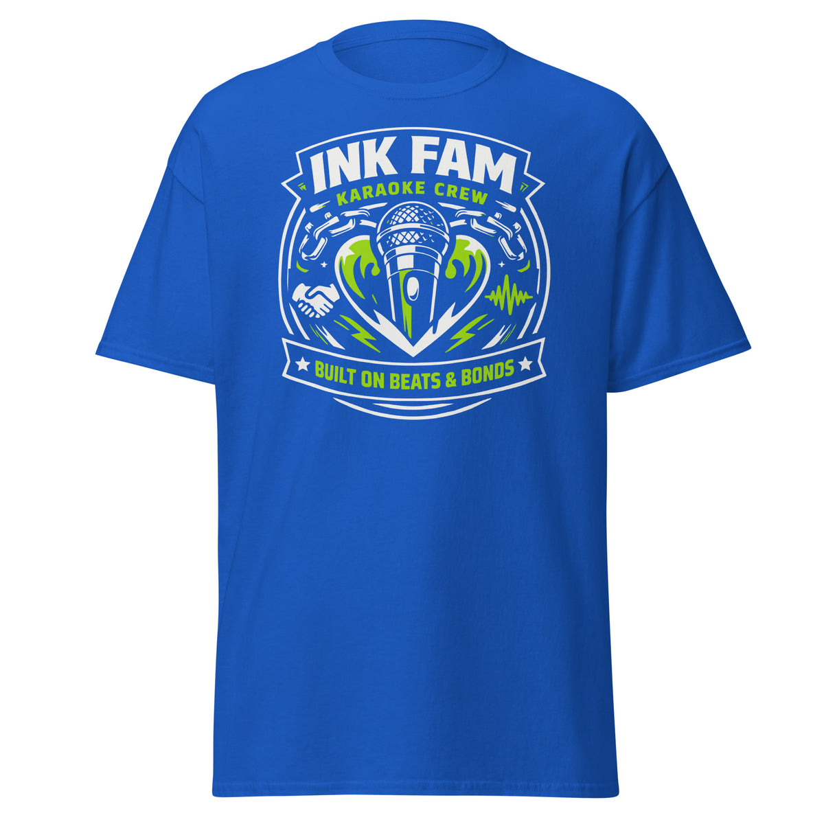 Royal classic T-shirt, front view, featuring DJ Ink Beats & Bonds shield with a microphone and green-and-white lettering.