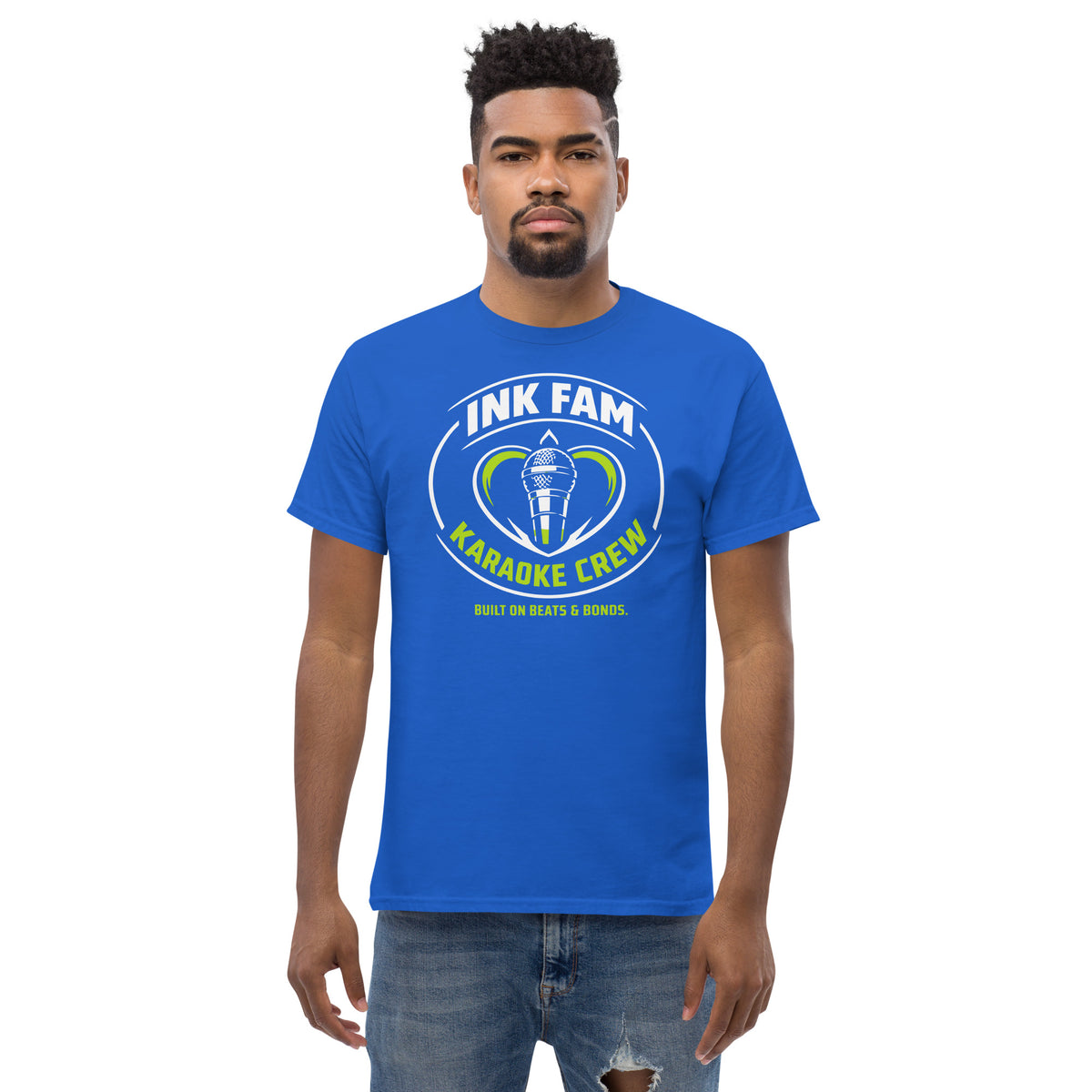 Royal classic T-shirt, front view, featuring DJ Ink Fam green-and-white circular microphone badge.