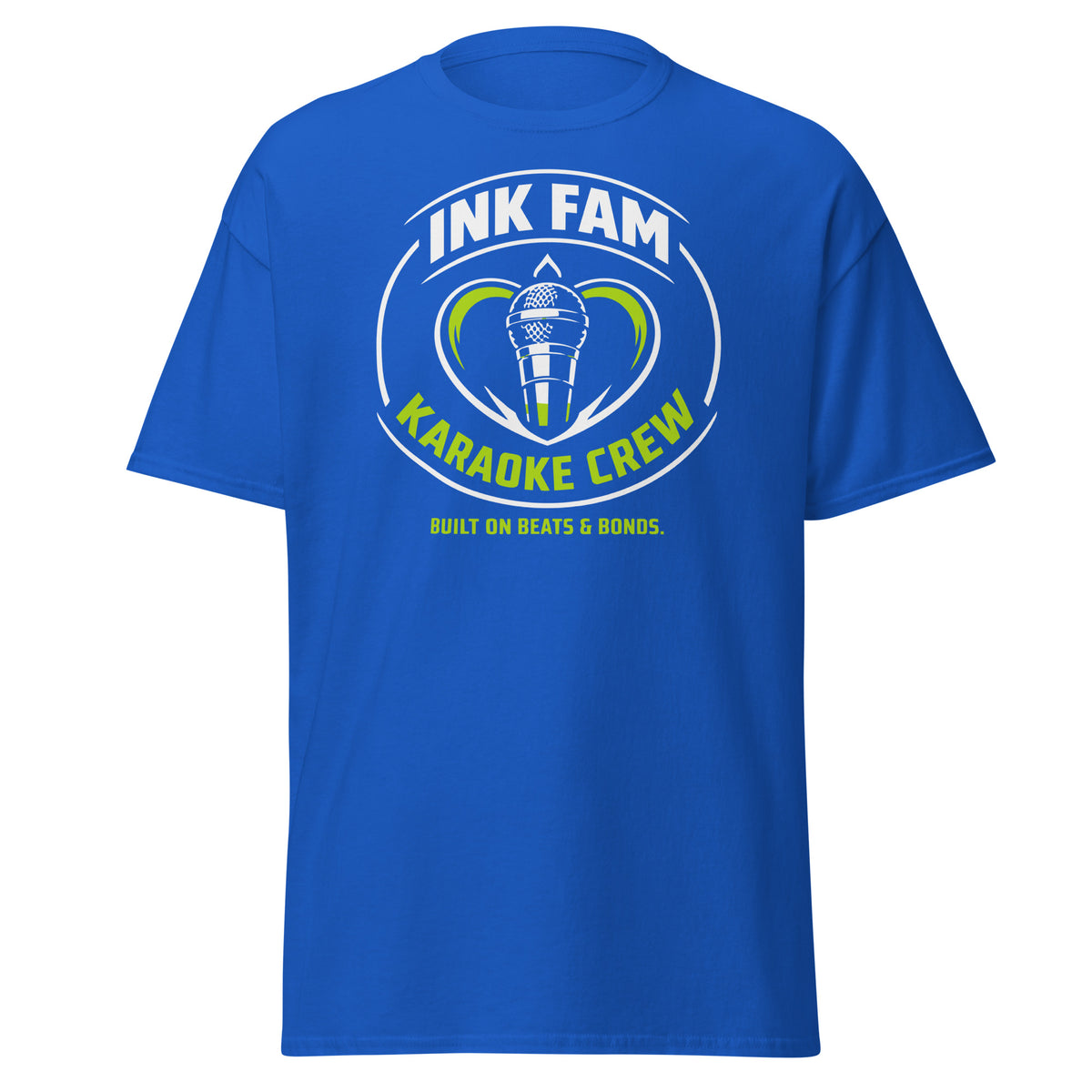 Royal classic T-shirt, front view, featuring DJ Ink Fam green-and-white circular microphone badge.
