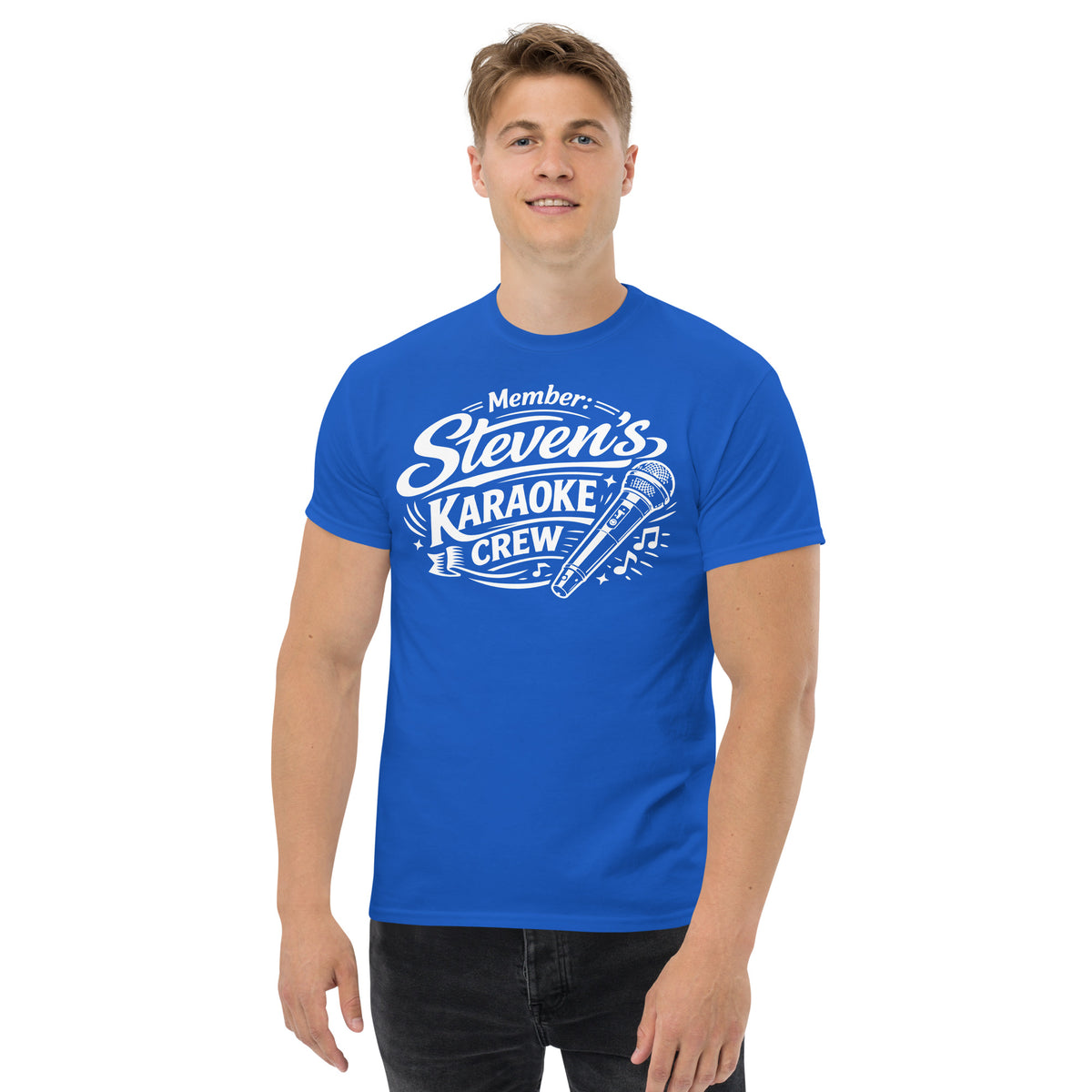 Royal classic T-shirt, front view, featuring Steven's Karaoke Crew lettering and microphone graphic.